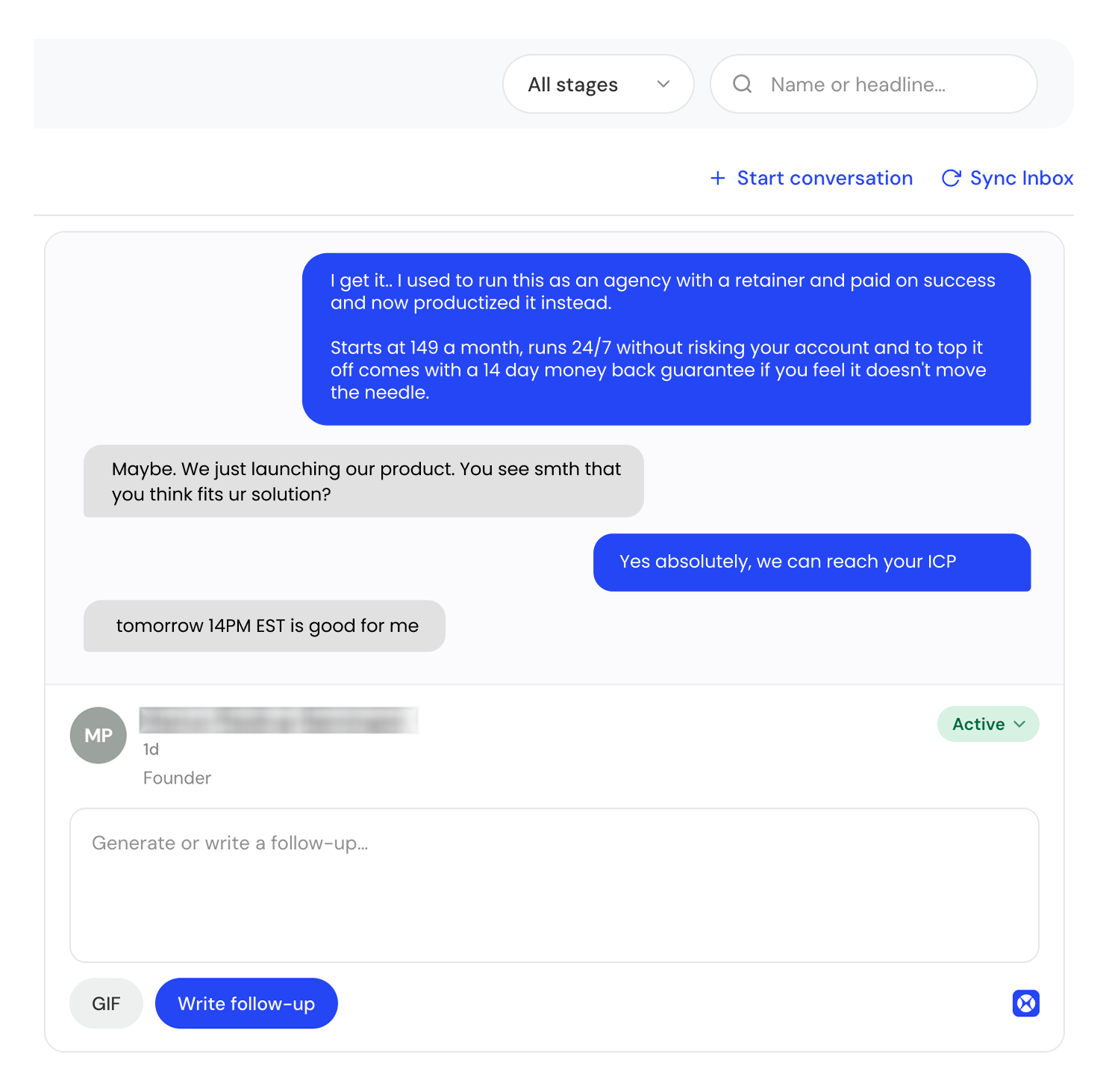 DM conversation carried into a pricing pitch