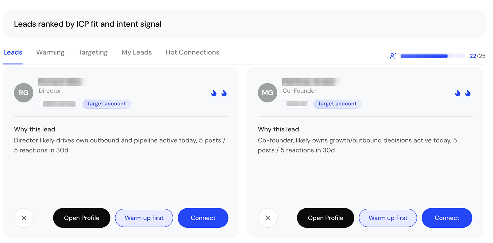 Leads ranked by ICP fit and intent signal