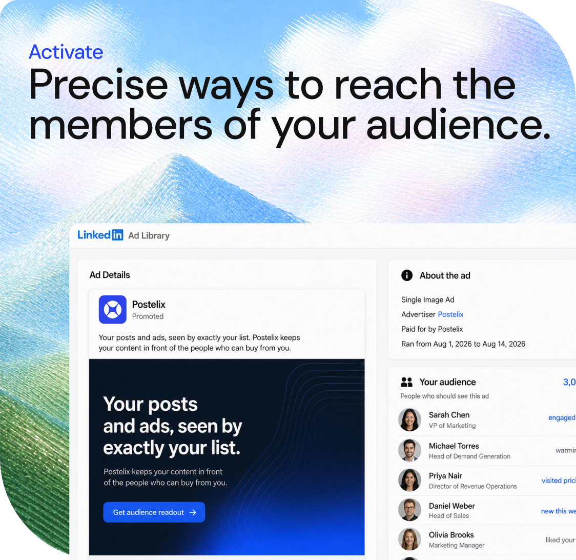Present: your posts and ads, seen by exactly your list — a LinkedIn ad shown to your named audience